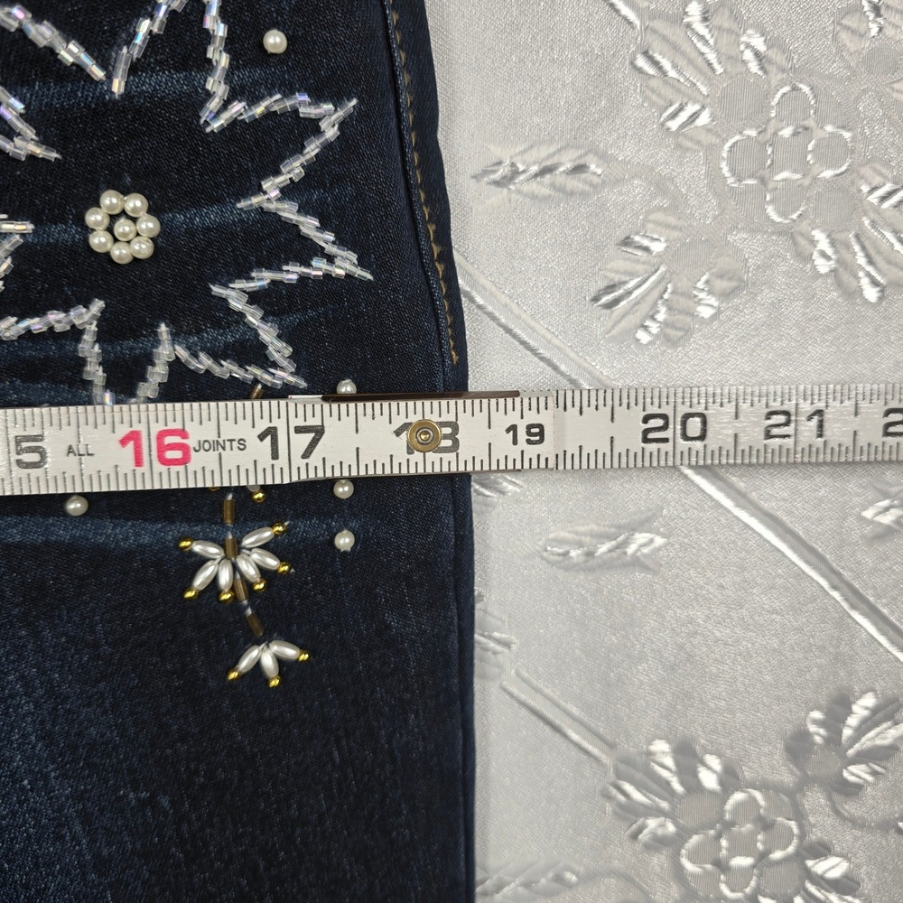 NWC‎ The Needlework by Sonny Chugani Jeans Women 34 Dark Blue Flare Leg Beaded - Picture 6 of 16